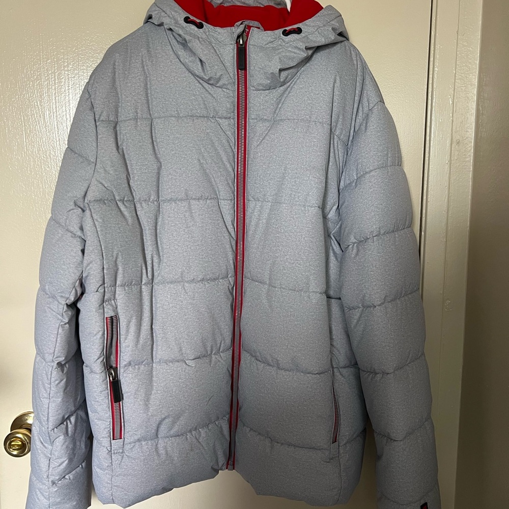 Gray Puffer Jacket with Red Accents